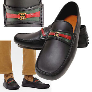 GUCCI SHOES MENS AYRTON DRIVER w WEB GG MOCCASINS BLACK LEATHER $650 9 US 9.5