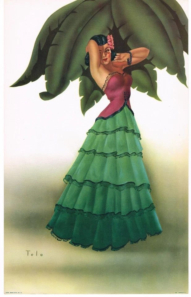 ANTIGUO TIKI VINTAGE 1940 ESTAMPADO TELO BAILARINA FLAMENCA ESPAÑOLA MEXICANA PINUP 10X16" Foto 1 de 1