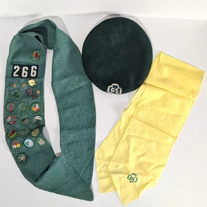 Vintage Green Collectible Girl Scout Sash W/Badges Neckerchief Wool Beret - Picture 1 of 9