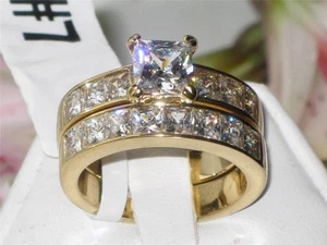 Gold ring set ladies engagement wedding band princess cut cz 18kt steel 61206 - Picture 1 of 4