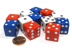 Set of 12 Large Six Sided 19mm D6 Dice - Patriotic USA 4 Ea of Red White & Blue - Picture 1 of 2