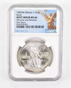 ERROR MS66 1983 Mo Mexico 1 Silver Onza - OBV & REV Rim Bars - Graded NGC *0537 - Picture 1 of 3