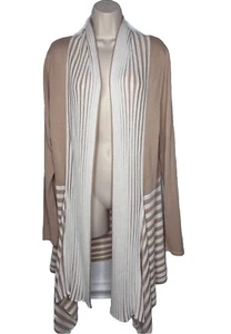 BLARNEY Ireland Beige White Stripe Open Front Thin Knit Cardigan Womens Sz M - Picture 1 of 8