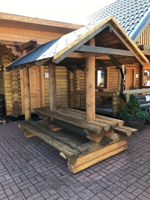 RBSG2FBD Rundbohle Garten Sitzgarnitur Tisch 2 Bänke Lehne Biergarten Sitzgruppe - Bild 1 von 4