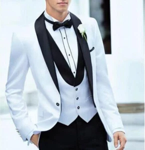 Traje Hecho a Personalizado para Hombre, Chaqueta Blanca Pantalones Negros, Hombres Esmoquin Solapa Negra ves - Imagen 1 de 7