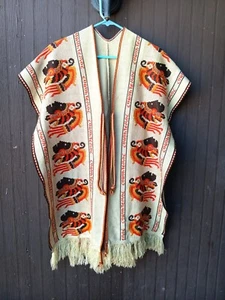 Vtg 1970's Cuauhtemoc Poncho Cape Knitted Mexican Aztec Native Fringe - Picture 1 of 7