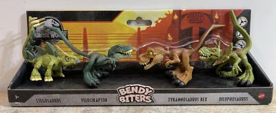 JURASSIC WORLD Bendy Biters 4 件装 Stegosaurus Velociraptor T-Rex Dilophosaurus — 第 1/4 张图片