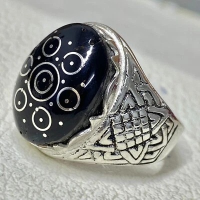 Natural Black Coral Yemeni Stone, Handmade 925 Silver Ring, 12.5 US, Unique Gem - Image 1 of 4