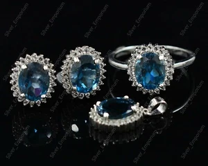Natural London Blue Topaz Gems 925 Solid Silver Ring Earring Pendant Jewelry Set - Picture 1 of 8