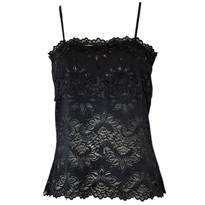 Black Lace Sheer Mesh Tank Top Small Beads Sequin Goth Dark Fairy Witchy - Image 1 of 4