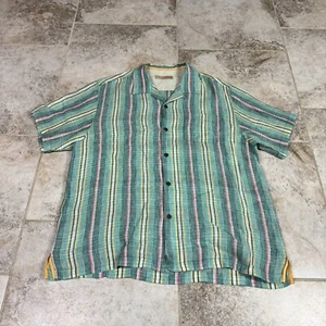 Tommy Bahama Linen Shirt Hawaiian Mens XL Green Striped Short Sleeve Beach - Picture 1 of 8