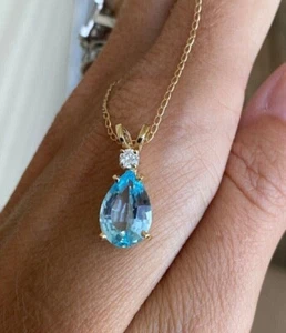 2Ct Pear Lab-Created Blue Topaz Women Pendant Necklace 14k Yellow Gold Plated - Picture 1 of 5