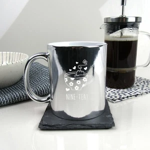 Engraved Shiny Silver Coffee Mug NINE-TEA Design 90th Birthday Gift Mum, Grandma - Picture 1 of 22