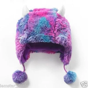 SO® Monster Pom Pom Faux Fur Hat NWT Girls Size S/M Covers Ears Purple Multi - Picture 1 of 1