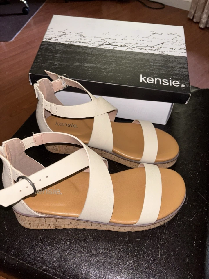 Mujer Talla 10 Marfil Sandalias Zapatos Corcho Cuña Punta Abierta Tobillo Correa Cruzada Cremallera Tacón Foto 1 de 4