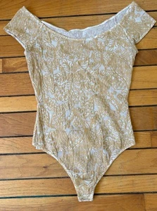 WOLFORD Tan & Cream Luxury Designer Lace Mesh Short Sleeve Thong Bodysuit, Large - Picture 1 of 6
