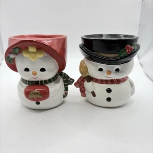 VTG Ceramic Mold Hand Painted Candle Holders Mr. & Mrs. Snowman Couple 4.5" - Picture 1 of 9