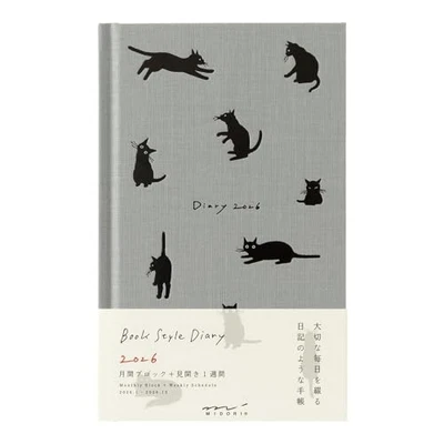MIDORI Book-Style Diary 2026 B6 Weekly Cat Pattern Gray 22377006 January 2026～ - Image 1 of 4