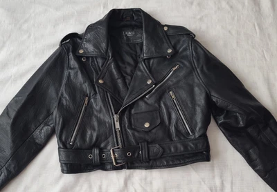 Vintage Aims Fashion Women's Black Leather Cropped Moto Jacket Size S - Image 1 of 4