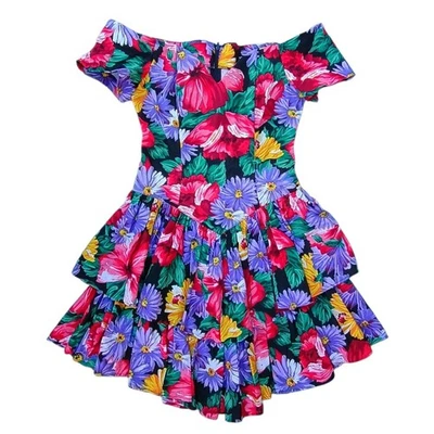 Vestido Vintage Años 80 All That Jazz Floral Sweetheart Hombro Descubierto Volantes Talla 9/10 Foto 1 de 4