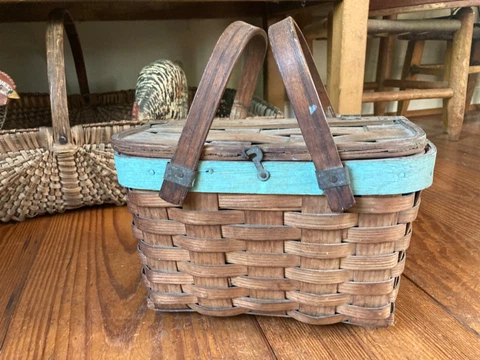Antique Small Oak Splint Wood Picnic Basket w/ Teal Painted Top Splint Farmhouse Cover
