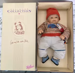 Vintage Max Creations Zapf Baby Doll Rodental Germany c 1989 holding Wooden Toy - Bild 1 von 16