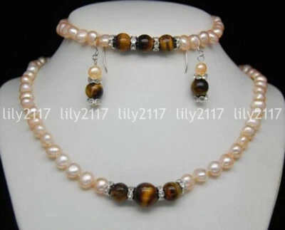 Natural 7-8mm Pink Pearl African Tiger's Eye Gems Necklace Bracelet Earring Set - Image 1 of 3