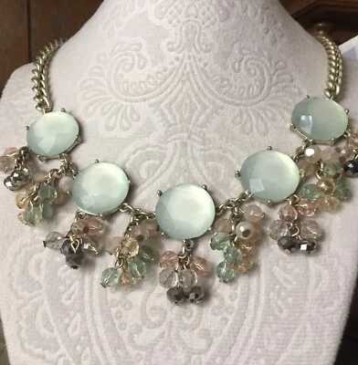 Chunky Necklace Antique Gold Tone Mint Green & Pink Cha Cha Faceted Beads - Image 1 of 4