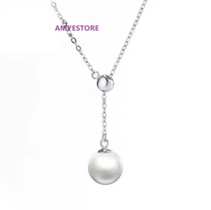 Sterling Silver Minimalist Sea Shell Pearl Chain Lariat Y Pendant Necklace PE3 - Picture 1 of 7