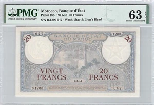 BANQUE D'ETAT DU MAROC 20 FRANCS 1941-45 PICK 18b PMG 63 CU EPQ - Imagen 1 de 2