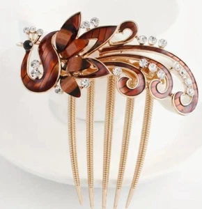 Peacock Hair Pin Elegant Hair Side Comb Rhinestones. Coffee color - Picture 1 of 3