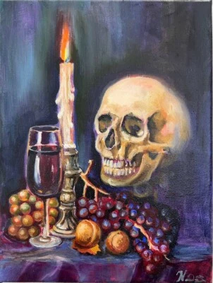 Decoración de Halloween, Pintura Original al Óleo, 9x12 pulgadas, Bodegón con Calavera, Regalo Foto 1 de 4