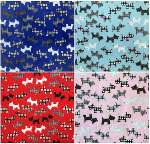 SCOTTY DOG POLYCOTTON FABRIC SEWING MATERIAL HALF METRE WESTIE RED BLUE PINK - Picture 1 of 6