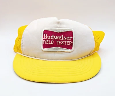 Gorra de camionero Budweiser Field Tester Snapback amarilla roja blanca vintage de 1980 Foto 1 de 4