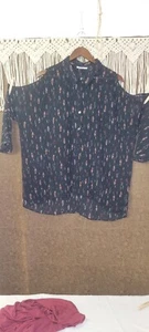 DR2 SZ XL  Long Sleeve Button Front Cold Shoulder Feather Print Blouse Sheer - Picture 1 of 9