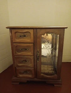 Vtg Wooden Jewelry Box Cabinet Chest Armoire Organizer Floral Etched Glass Doors - Picture 1 of 19
