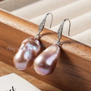 Natural Pink Purple South Sea Keshi Baroque Pearl Dangle Crystal Hook Earrings - Picture 1 of 6