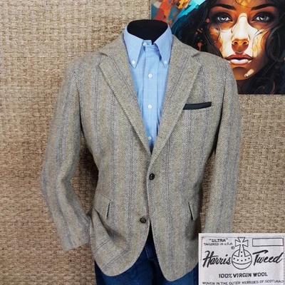 Rare Striped HARRIS TWEED Men’s 40 R Sport Coat Leather Buttons Brown Tan & Gray - Image 1 of 4
