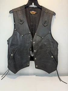 Vintage Harley Davidson Men's Black Leather Studded Concho Vest XL USA MADE - Picture 1 of 20