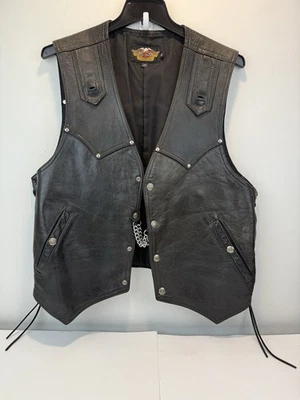 Vintage Harley Davidson Men's Black Leather Studded Concho Vest XL USA MADE - Image 1 of 4