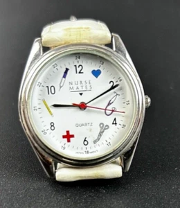 Nurse Mates White Round Face Leather Like Banded Wrist Watch w/Nurse Pictures - Picture 1 of 3
