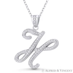 Initial Letter "H" Cursive Script CZ Crystal 925 Sterling Silver Rhodium Pendant - Picture 1 of 1