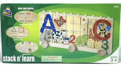 Classic Wooden Wood ABC Stack N' Learn Blocks Wagon 40 pc Numbers Alphabet Shape - Image 1 of 2