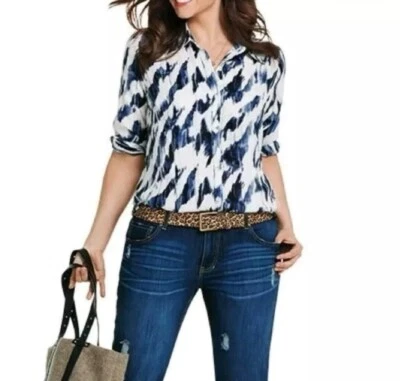 CABI #3096 Moody Blues 尺寸 Sm 纽扣衬衫海军蓝/白色长袖 M — 第 1/4 张图片