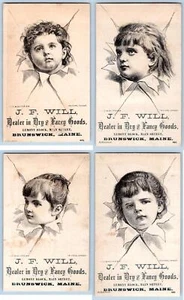 JUEGO/4 BRUNSWICK ME J F WILL PRODUCTOS SECOS TROMPE L'OEIL NIÑOS BUFFORD VTCs de 1880 - Imagen 1 de 6