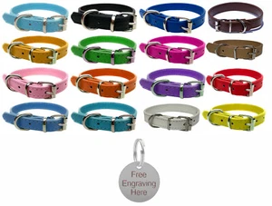 Vibrant Leather Dog Collar for Puppy, Dogs & Personalised Round Silver Pet Tag - Picture 1 of 33