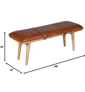 Zilker Home Mid Century Modern Wooden Bench With Genuine Leather Cushion - Picture 1 of 3