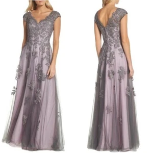 NWT La Femme Embellished Mesh A Line Gown Gray Rose 6 Retail $639 - Picture 1 of 14