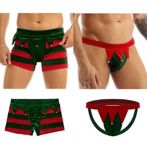 Mens Christmas Elf Santa Claus Costume Velvet Boxer Pouch Brief Shorts Underwear
