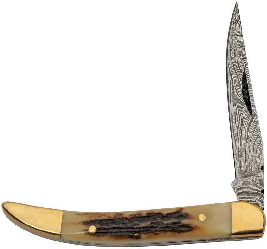 Damascus Toothpick Folding Knife Damascus Steel Blade Stag/Brass Handle 1354